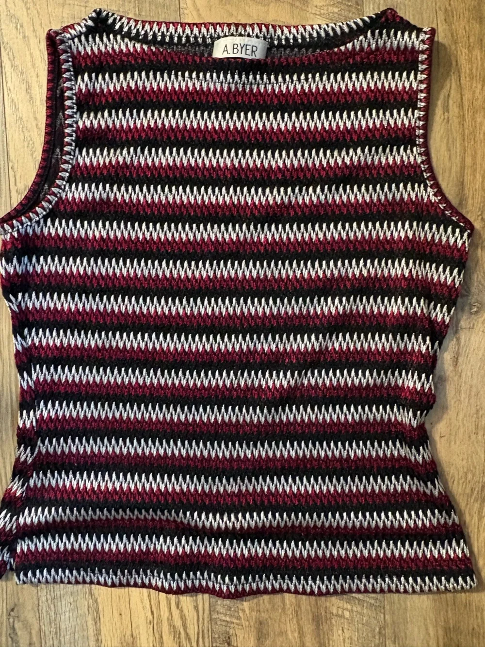 A. Byer Striped Knit Sleeveless Top in Black, White & Burgundy - Picture 1 of 3
